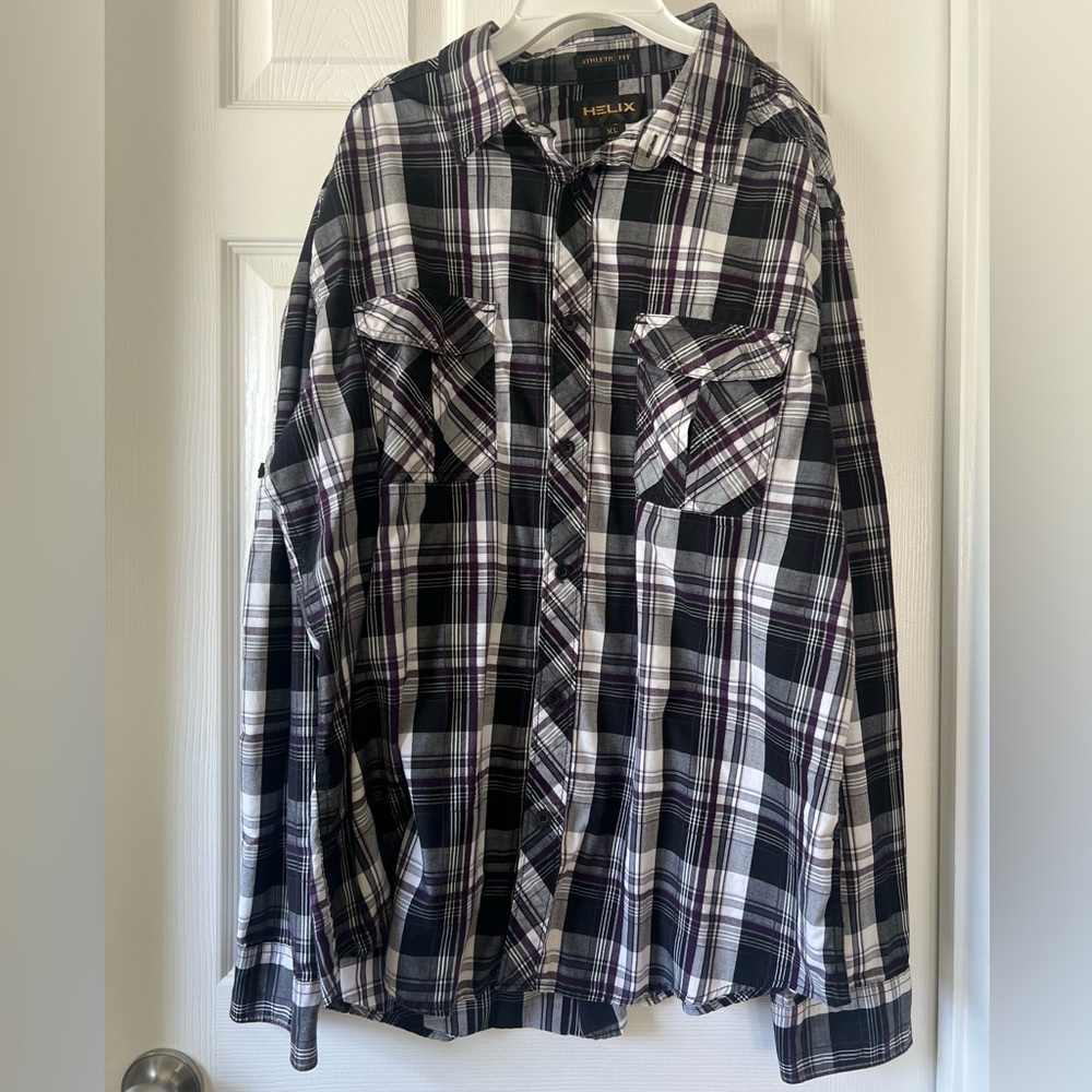 Helix Men's Black, White, and Purple Plaid Shirt